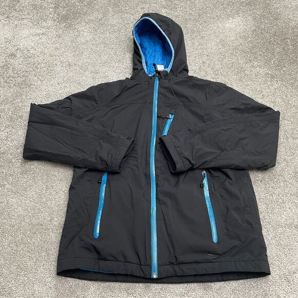 REI Windbreaker Jacket Boys Large Black Blue Hoodie Full Zip Pocket Outdoor Hike